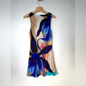 Elegant Floral Mini Dress - Blue and Beige